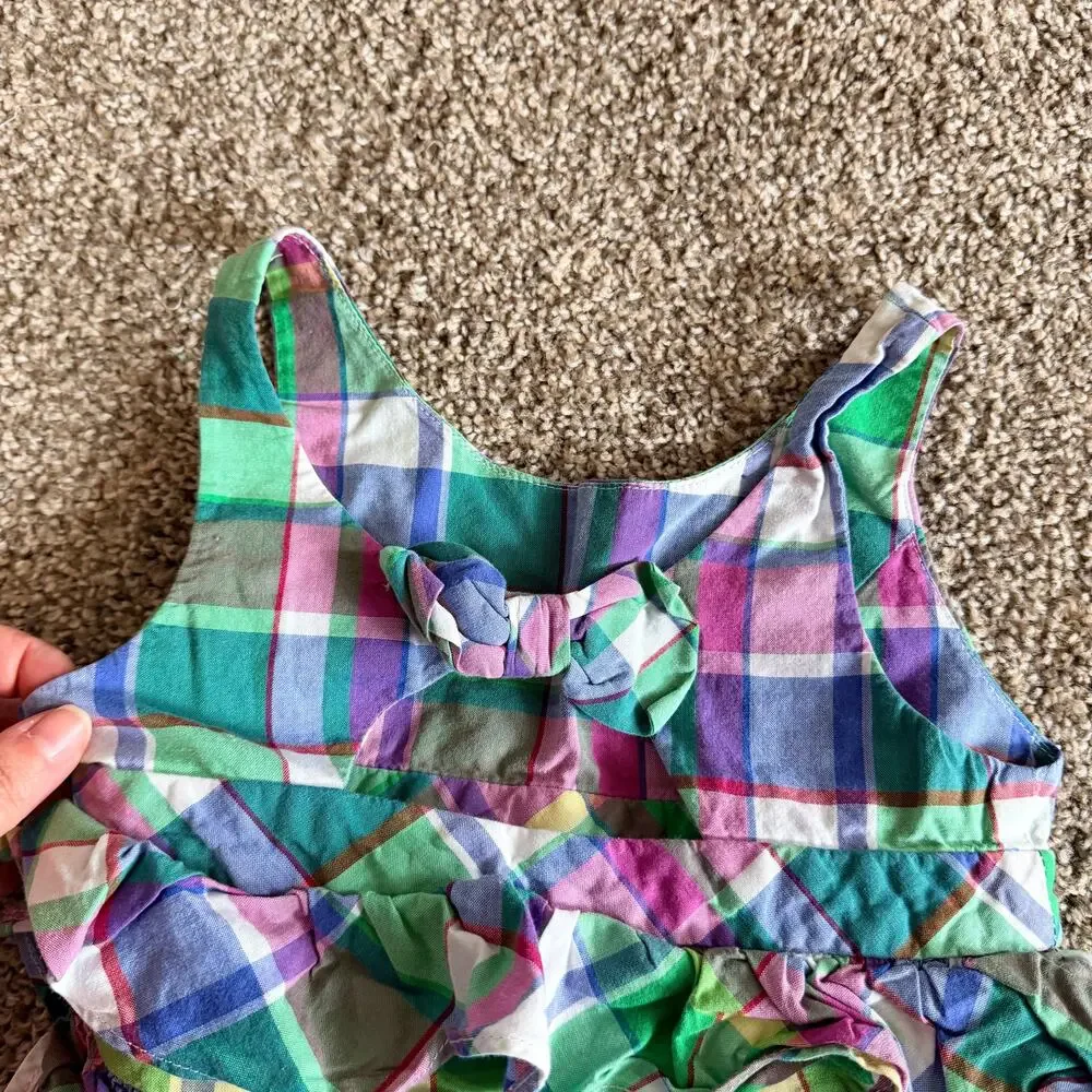 Ralph Lauren Girls Plaid Summer Ruffle Dress Size 4 Purple Blue Green